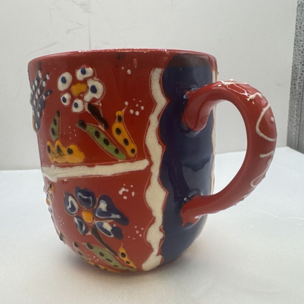 Multicolor Turkish Ceramic Coffee Tea Mug Raised Paint. Beautiful Red - Picture 3 of 10